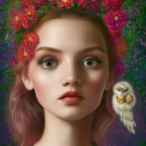 Prompt: an intelligent young women looking at the camera, she has a beautiful unconventional face, she is surrounded by an explosion of flowers, elegant, highly detailed, digital painting, artstation, concept art, pop, smooth, sharp focus, illustration, art by mark ryden and gaston bussiere 3 d 8 k ultra detailed