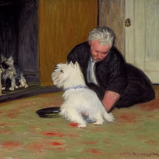 Image similar to a westie dog throwing up on the floor of a living room while a family watches by monet