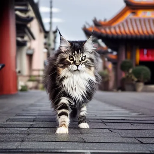 Image similar to a cute maine coon cat walking on the roof of acient chinese in the morning, arcane style