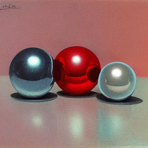 Prompt: chrome spheres on a red cube by ary scheffer