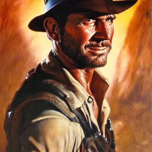 Image similar to ultra realistic portrait painting of indiana jones, art by frank frazetta, 4 k, ultra realistic, highly detailed, epic lighting