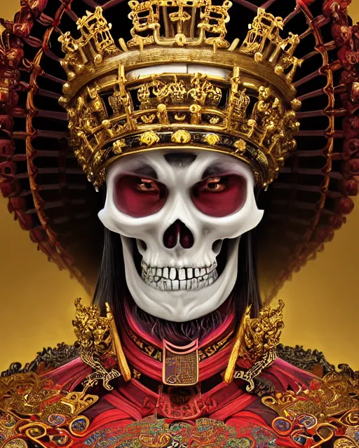 Prompt: portrait of skeleton emperor, glowing demonic energy crown, upper half portrait, decorated with chinese opera motifs, asian, bian lian, traditional chinese art, intricate, elegant, highly detailed, symmetry, digital painting, artstation, concept art, smooth, sharp focus, illustration, art by artgerm and greg rutkowski and alphonse mucha, 8 k