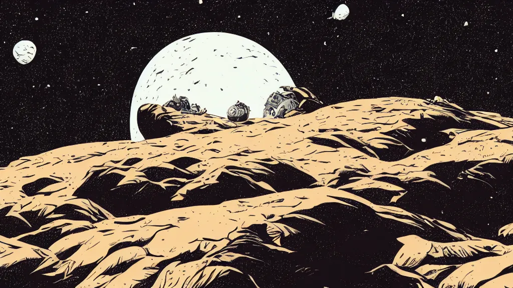 Image similar to very detailed, prophet graphic novel, ilya kuvshinov, mcbess, rutkowski, simon roy, illustration of a dead planet as seen from space, wide shot, colorful, deep shadows, astrophotography