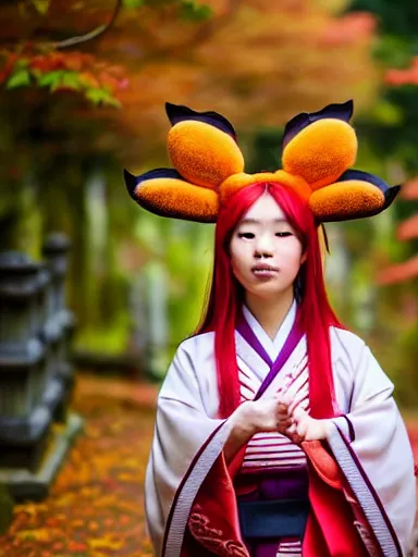 Image similar to full - color instagram photo of a cute young japanese girl cosplaying as a kitsune goddess doing a ritual dance in a windy inari shinto shrine in kyoto full of autumn leaves. she has fox - ears, a fox - tail, hands that are fox - paws, sharp fox - teeth, and a fox - nose. highly - detailed ; professional portrait photography.