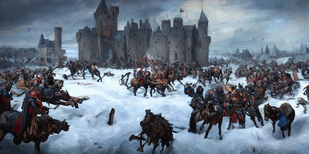 Prompt: RTS gameplay third person in style of Brueghel paintings, painting, Stronghold strategy gameplay, high detailed,dark fantasy, dark tones, medieval, snow, buildings, castle, armored units, cavalry,RPG, high detailed, contrast, octane render,mill, farm, creative