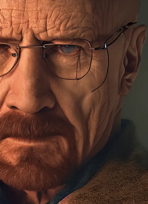 Prompt: a close - up, color cinema film still of walter white in blade runner 2 0 4 9, cinematic lighting at night.