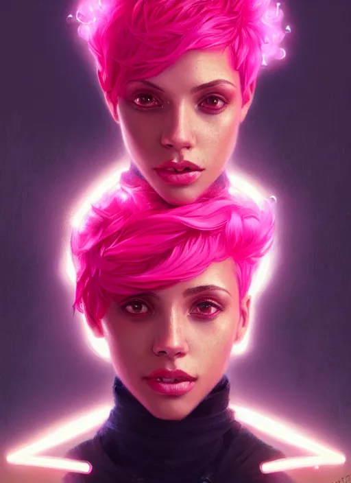 Image similar to portrait of vanessa morgan with bright pink hair, curly pixie cut hair, intricate, elegant, glowing lights, highly detailed, digital painting, artstation, concept art, smooth, sharp focus, illustration, art by wlop, mars ravelo and greg rutkowski