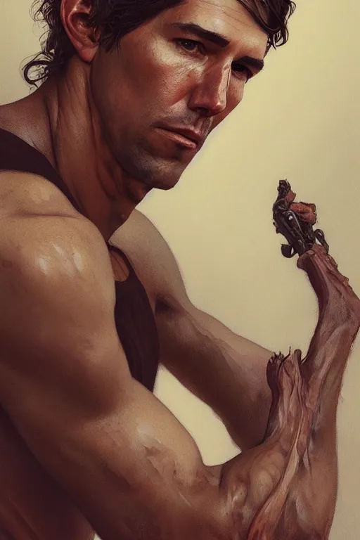 Image similar to A full portrait of a heroic, muscular Beto o'Rourke, intricate, elegant, highly detailed, digital painting, artstation, concept art, smooth, sharp focus, illustration, art by Krenz Cushart and Artem Demura and alphonse mucha (((((second face)))))