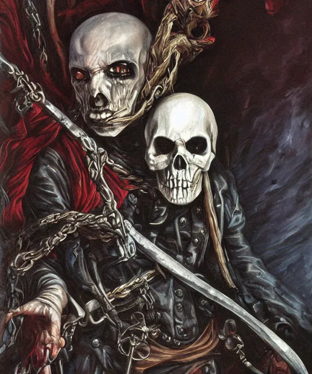 Prompt: ultra realistic color portrait painting of a tranparent 1 7 th century pirate ghost with a sword in a grotto, dark, painted, brooding, atmospheric, seascape, horror, smooth, epic, highly detailed, cinematic, by larry elmore