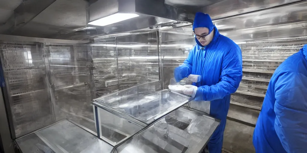 Prompt: a man wearing a blue snow suit with no mask in a very dark and metallic meat freezer room and he's looking at a large tablet that's shining a red light on his face, there are slabs of meat on shelves, volumetric light, ice vapor, misty, cinematic