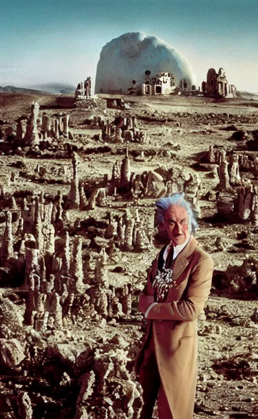 Image similar to salvador dali wearing a crown with jewels in a dry rocky desert landscape, visible sky and sunny atmosphere, alien city ruins in the background, film still from the movie by alejandro jodorowsky with cinematogrophy of christopher doyle and art direction by hans giger, anamorphic lens, kodakchrome, very detailed photo, 8 k