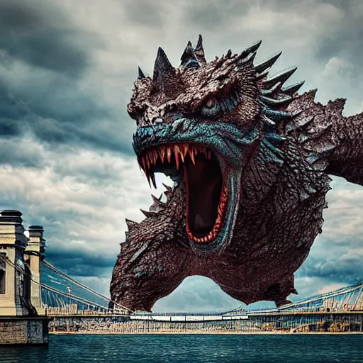 Image similar to kaiju attack in budapest photography realistic, detailed, cinematic