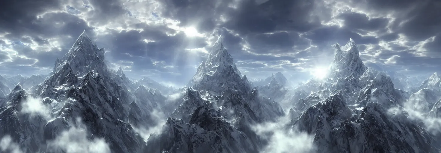 Image similar to intricate crystallographic citadel structure architecture on top of the himalayas over a cloudscapes, by albert bierstadt, by glen small, realism, photorealism, octane render, unreal engine, volumetric light, depth of field, volumetric clouds, god rays, lens flares, detailed, intricate, digital art, deviant art, mandelbulb 3 d