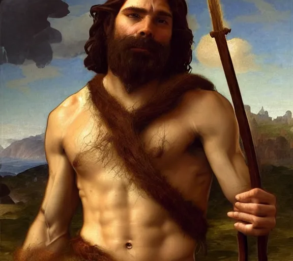 Image similar to renaissance painting full body portrait of a gruff ranger with a spear, lean and toned, handsome face, hairy chest and hairy body, D&D, intricate, elegant, highly detailed, digital painting, artstation, concept art, matte, sharp focus, chiaroscuro, well list, illustration, art by Artgerm and Greg Rutkowski and Alphonse Mucha