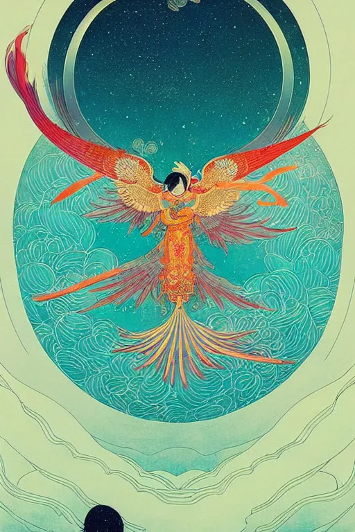 Image similar to victo ngai and lfons mucha painting of a phoenix in the sky, chinese style