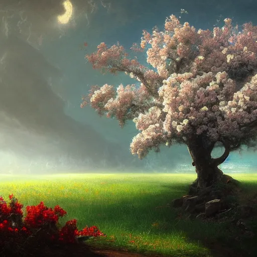 Prompt: a flowering tree, digital art, fantasy art, matte painting, by albert bierstadt, trending on artstation, hdr