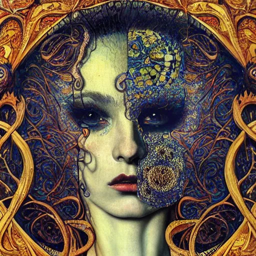 Image similar to Memento Mori by Karol Bak, Jean Deville, Gustav Klimt, and Vincent Van Gogh, beautiful visionary mystical portrait, otherworldly, fractal structures, calavera, ornate gilded medieval icon, third eye, spirals, botanicals by William Morris