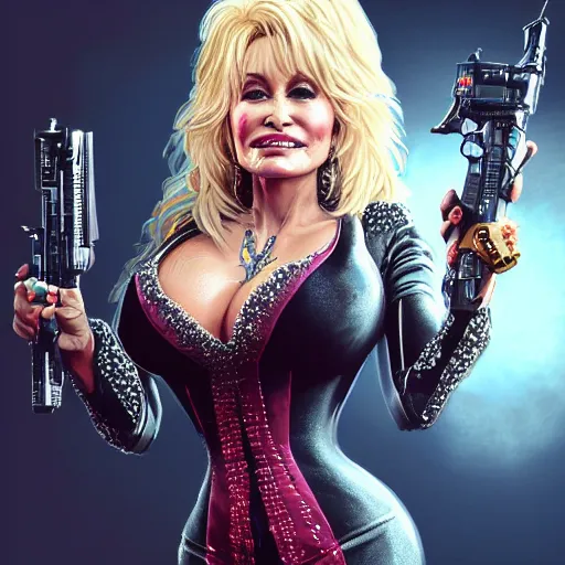 Image similar to closeup of Dolly Parton holding a pimp shotgun, cyberpunk 2077 setting, intricate, elegant, highly detailed, digital painting, artstation, concept art, matte, sharp focus, illustration, hearthstone, art by Artgerm and Greg Rutkowski and Alphonse Mucha