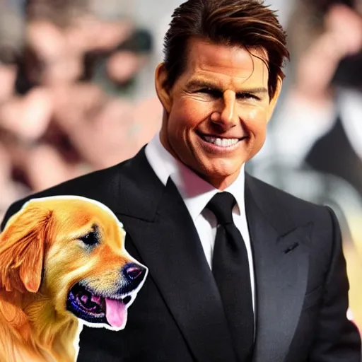 Prompt: a golden retriever with the head of tom cruise wearing a suit