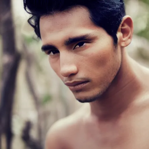 Image similar to color portrait of a very handsome peruvian male model by emmanuel lubezki