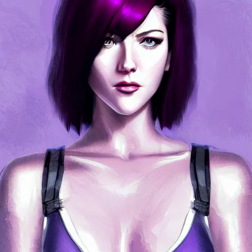 Prompt: A combination of Katheryn Winnick's and Grace Kelly's and Katherine McNamara's faces with short violet hair as Motoko Kusanagi from Ghost in The SHell, western, D&D, fantasy, intricate, elegant, highly detailed, digital painting, artstation, concept art, matte, sharp focus, illustration, art by Artgerm and Greg Rutkowski and Alphonse Mucha