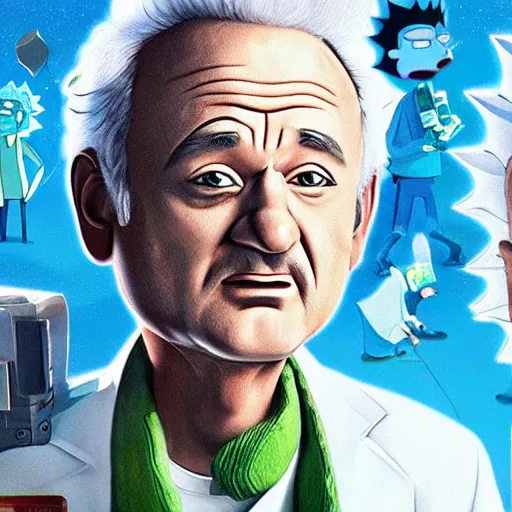 Image similar to Bill Murray playing Rick Sanchez, with spikey grey hair, and wearing a white lab coat, real-life action movie of Rick & Morty announced, poster art