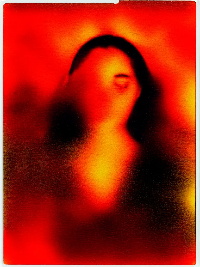 Image similar to a woman's face in the water, serene emotion, new polaroid, glitchy patterns, hazy, red, orange, yellow, soft lighting