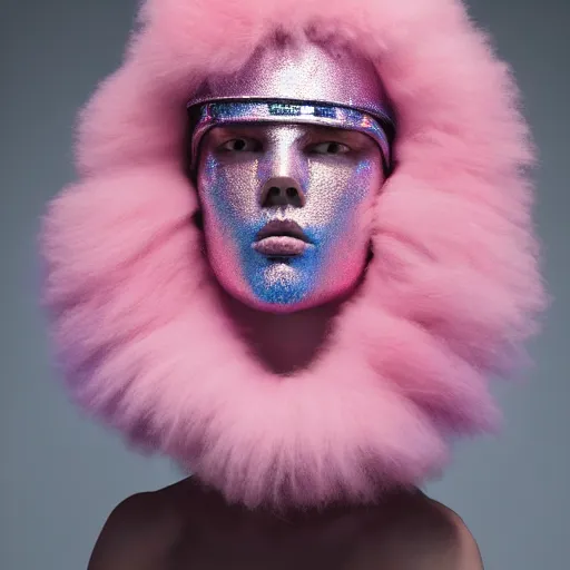 Prompt: a portrait of a beautiful young male wearing an alexander mcqueen armor made of pink and blue ombre metal , photographed by andrew thomas huang, artistic