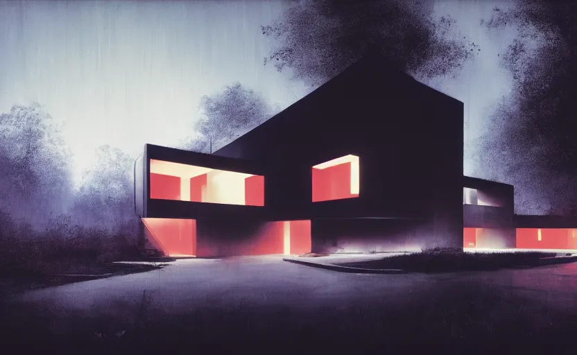 Prompt: An Exterior wide angle shot painting of a cyberpunk futuristic modern architecture House with neon lights by Peter zumthor and James Turrell, Craig Mullins , Dark atmospheric sad and cinematic lighting, Trending on artstation, Archviz, Archdaily, Deezen, Design milk, Architectural visualisation