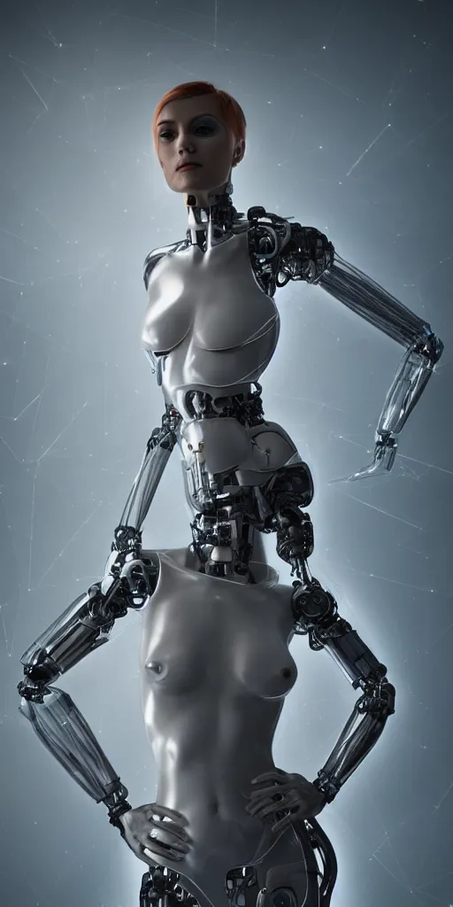 Prompt: Masterpiece full body portrait of a beautiful female cyborg with a beautiful face and flawless skin, parts of her body are made of transparent plastic, in a surreal dream landscape, eerie fog, cinematic lighting, 8k