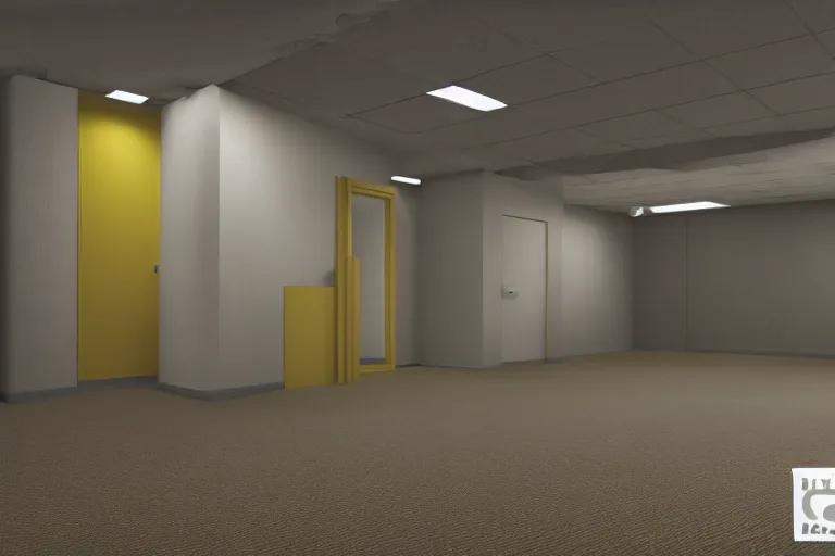 Image similar to 3 d render of jerma 9 8 5, jerma in endless halls of empty office space with worn light mono - yellow 7 0 s wallpaper, old moist carpet, and inconsistently - placed fluorescent lighting | liminal space | non - euclidean space | high octane | blender | 3 d render