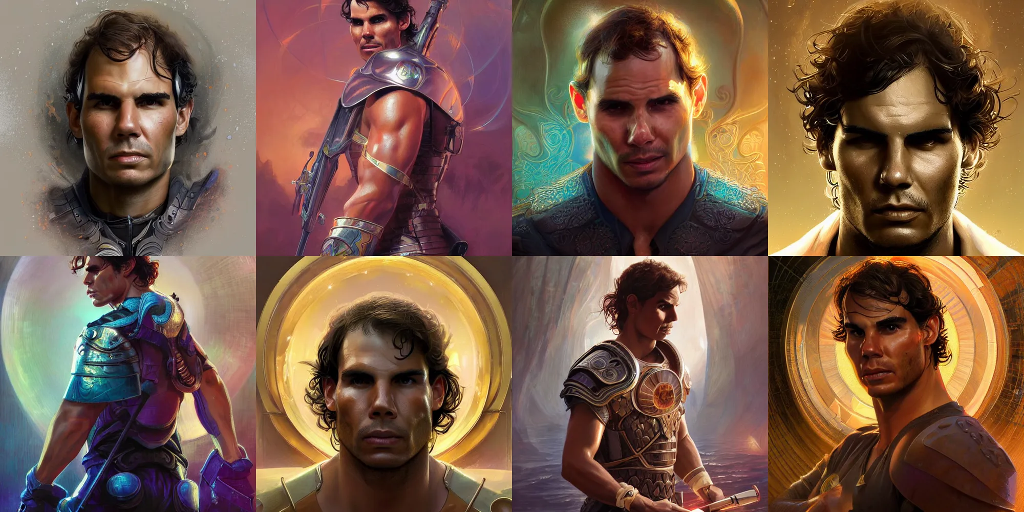 Prompt: Rafael Nadal from Disco Elisium, half body portrait, videogame cover art, highly detailed, digital painting, artstation, concept art, smooth, detailed armor, sharp focus, beautiful face, illustration, art by Artgerm and greg rutkowski and alphonse mucha