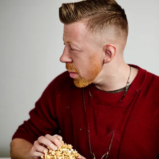 Image similar to macklemore eating cereal at home, photography, depth of field, 7 0 mm lens, studio lighting,