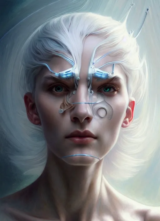 Image similar to organic cyborg, white hair, diffuse lighting, fantasy, intricate, elegant, highly detailed, lifelike, photorealistic, digital painting, artstation, illustration, concept art, smooth, sharp focus, art by John Collier and Albert Aublet and Krenz Cushart and Artem Demura and Alphonse Mucha