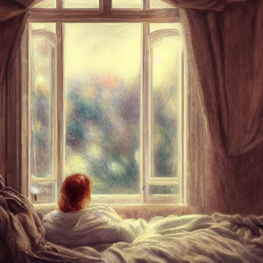 Prompt: on a rainy day, someone sits in bed, curled up under the covers, looking out the window, cinematic, artstation, extremely detailed, intricate, cinematic lighting, art by pierre - auguste renoir