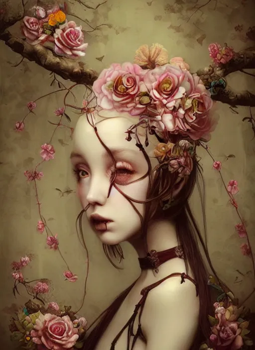 Image similar to pop surrealism, lowbrow art, realistic cute girl painting, body harness, japanese shibari with flowers, hyper realism, muted colours, rococo, natalie shau, loreta lux, tom bagshaw, trevor brown style,