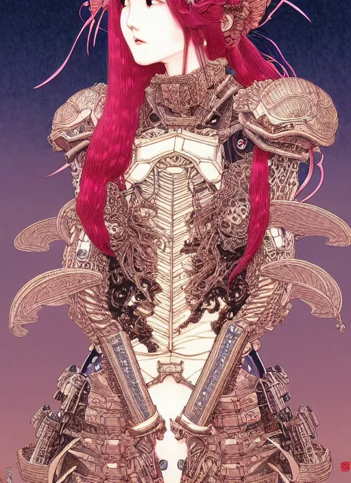 Image similar to highly detailed illustration yoneyama mai, artstation, katsuhiro otomo, fluorescent, fantastic, fate, manga poster of princess mechine, minaba hideo, takato yamamoto, long hair, art nouveau, armor, laces, ruffles, 8 k, maximalist,