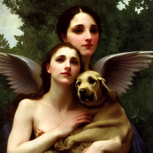 Prompt: portrait of an angelical woman and her giant monster pet, by bouguereau