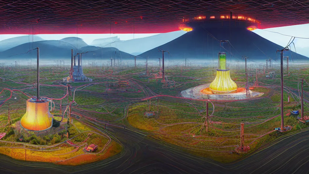 Prompt: Nuclear Breeder Reactors integrated with the town of Quito by Simon Stålenhag and Vincent Callebaut, oil on canvas; Art Direction by James Cameron; 4K, 8K; Ultra-Realistic Depth Shading