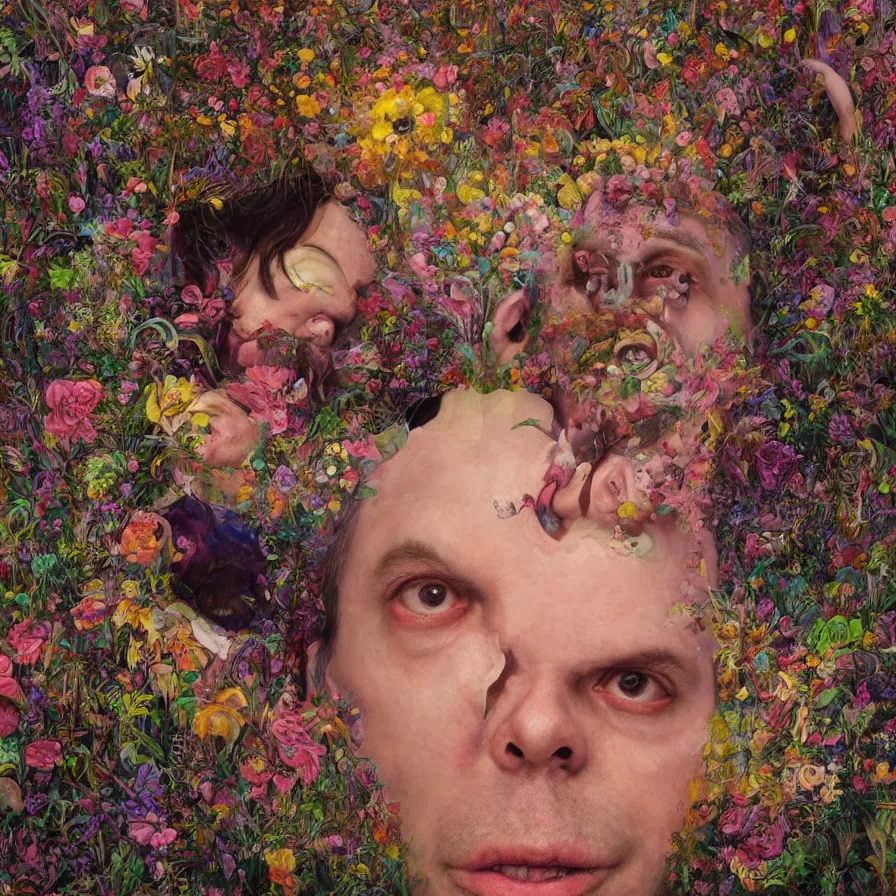 Prompt: male portrait of todd solondz tripping on dmt and becoming god, surrounded by flowers by francis bacon, karol bak, james jean, tom bagshaw, rococo, trending on artstation, cinematic lighting, hyper realism, dramatic, emotional, octane render, 8 k, hyper detailed.