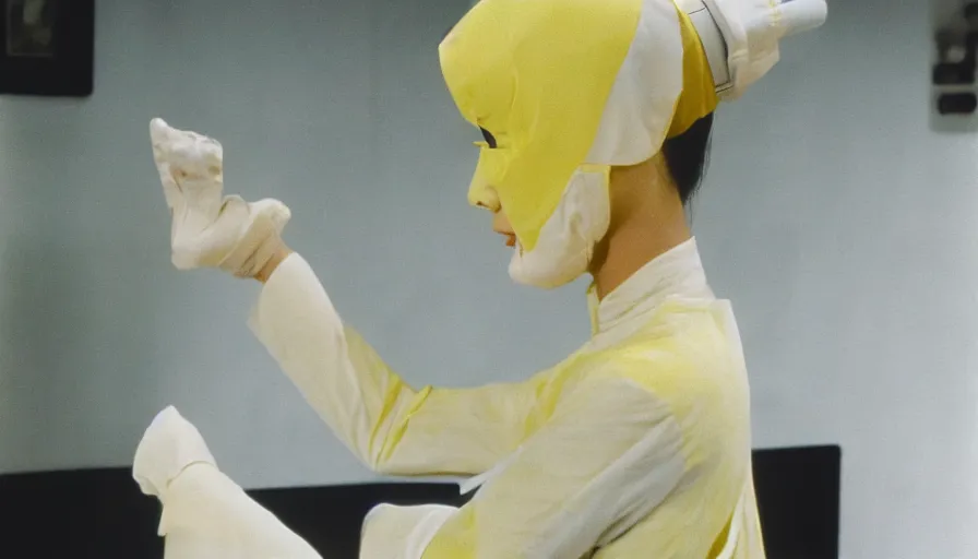 Prompt: 60s movie still of a white japanese female phantom with gigantic arms in an empty hospital with light yellow walls, eastmancolor, heavy grain, high quality, higly detailed, liminal space
