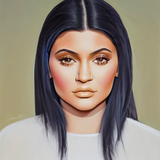 Image similar to a symmetrical portrait of a kylie jenner, oil painting, pale colors, high detail, 8 k, wide angle, trending on artstation,