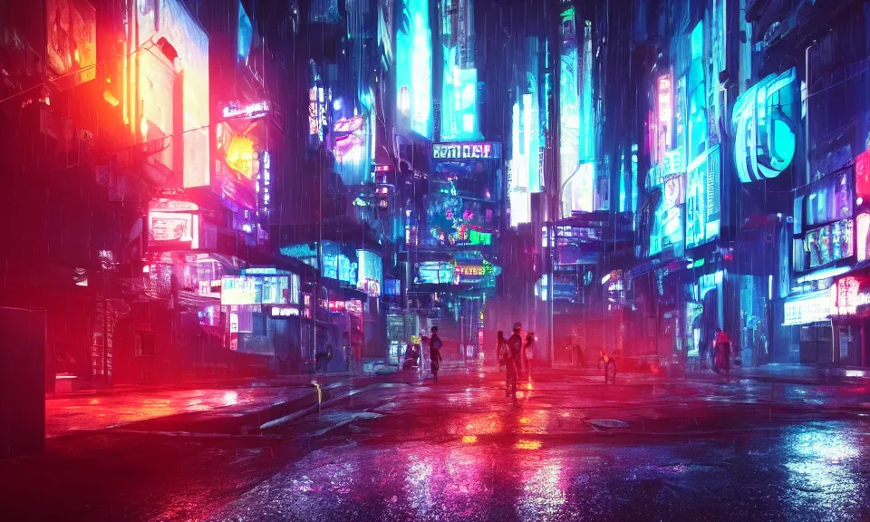 Image similar to a cyberpunk street scene with neon lights, raining, a lonely cyborg sits in the gutter, 4k uhd wallpaper, unreal engine