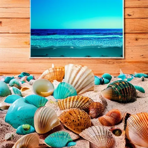 a beach full of shells and turquoise sea color, high | Stable 