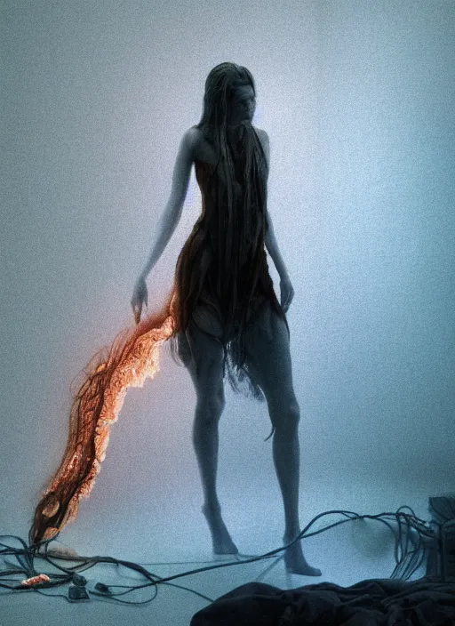 Prompt: rgb wires, portrait, woman, bedroom full of fire, rage, cinematic, movie scene, inspired by zdzislaw beksinski, clothes made out of veins,, cables everywhere, bedroom, ultra realistic, concept art, intricate details, highly detailed, photorealistic, octane render, 8 k