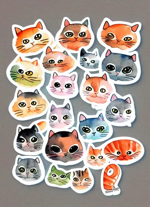 Prompt: cute cats and sushi watercolour sticker sheet