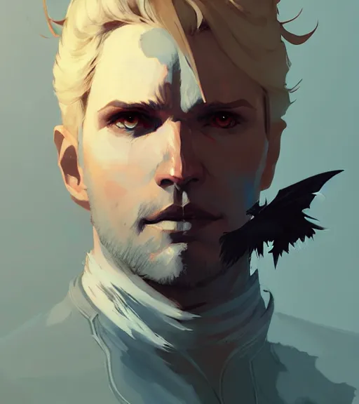 Image similar to portrait of cullen from dragon age with raven wings by atey ghailan, by greg rutkowski, by greg tocchini, by james gilleard, by joe fenton, by kaethe butcher, dynamic lighting, gradient light blue, brown, blonde cream and white color scheme, grunge aesthetic