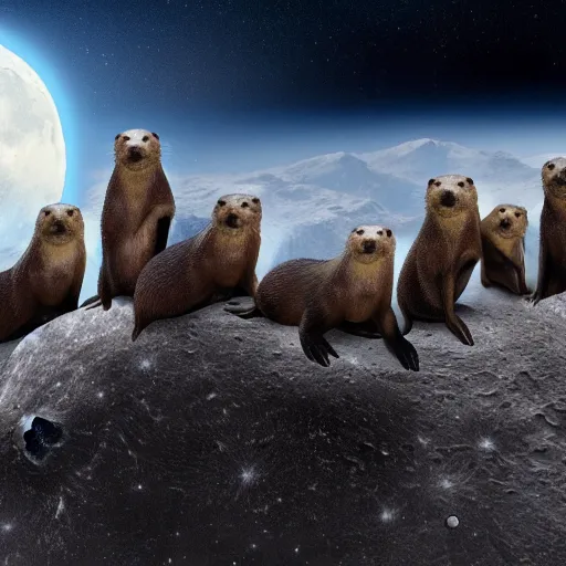 Image similar to a group of otters jumping on the moon, matte painting, concept art, detailed, 4k