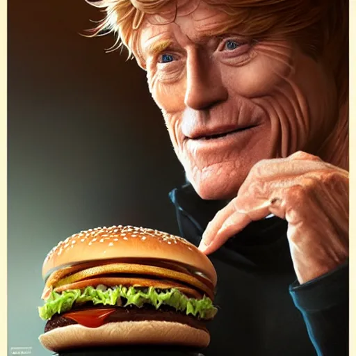 Prompt: Robert Redford eating a mcdonald's big mac hamburger, dripping BBQ Sauce, serving burgers, intricate, elegant, highly detailed, digital painting, artstation, concept art, matte, sharp focus, hyperreal, art by Artgerm and Greg Rutkowski and Alphonse Mucha