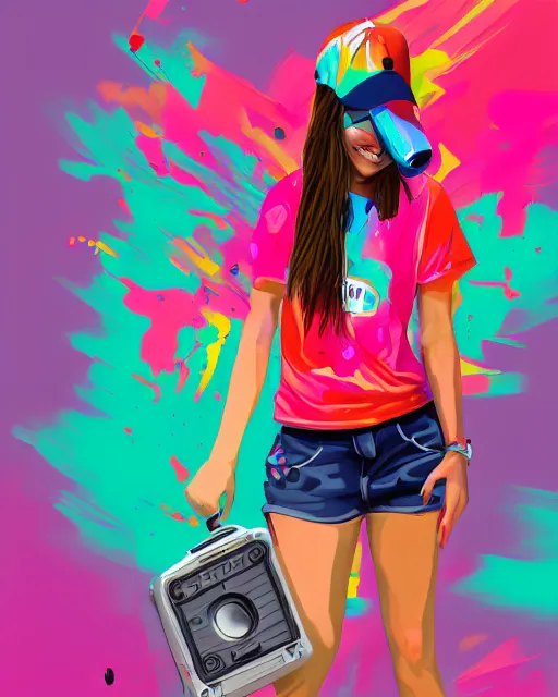 Image similar to a skater girl wearing a baseball cap holding a boombox in her right hand. paint splashes, outrun, vaporware, shaded flat illustration, digital art, trending on artstation, highly detailed, fine detail, intricate